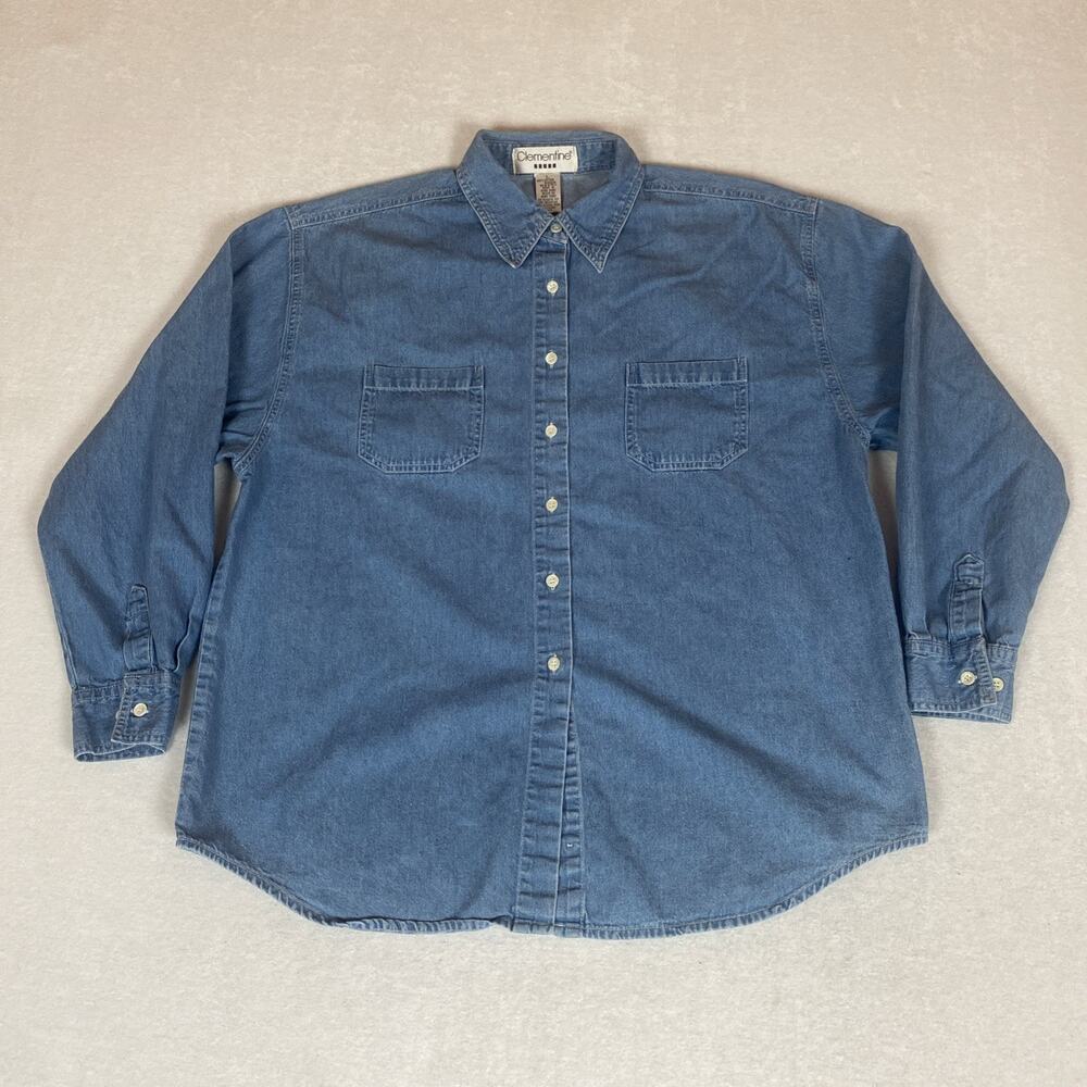 Vintage 80s Clementine Cotton Chambray Button Up Shirt Blue Denim Western Large